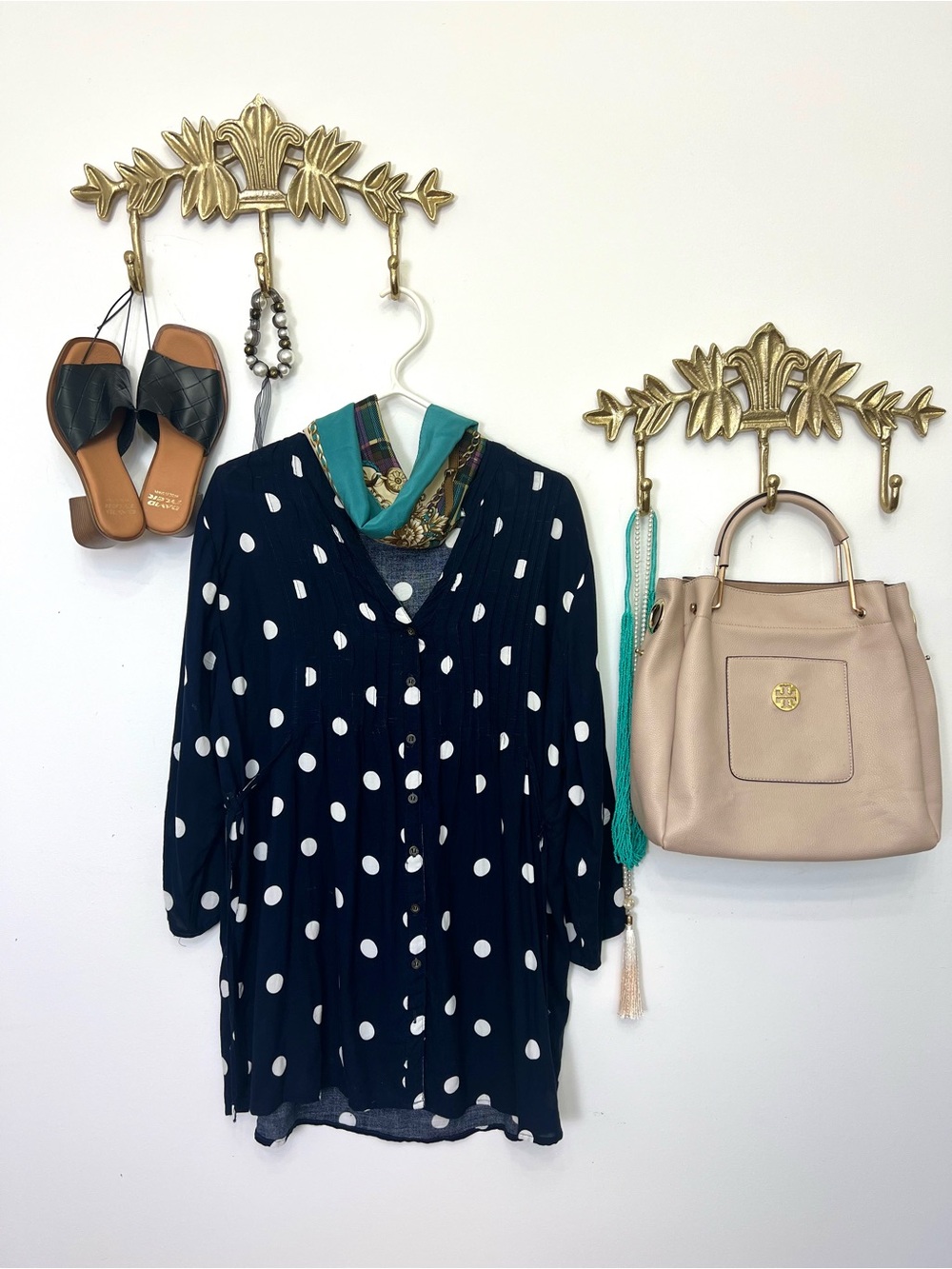 Polka Dot Button-Front Tunic in Navy and White ptp 24” l 33”